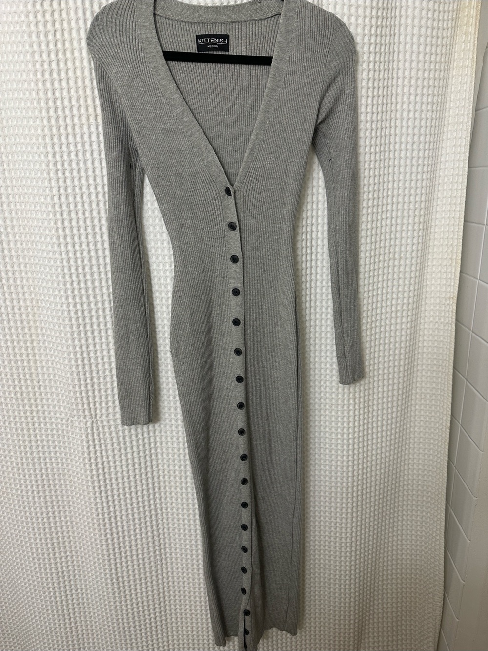 Kittenish Grey Ribbed Button-Front Maxi Dress